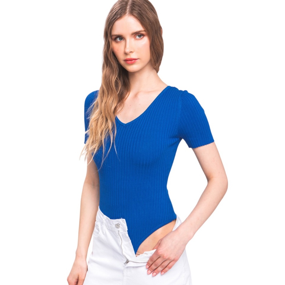 Royal Blue Stretchy Ribbed Short Sleeve Bodysuit Small